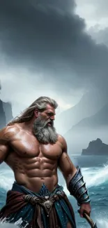 Epic warrior standing by stormy ocean with mountains and waves.