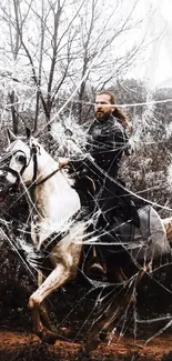 Warrior in battle gear riding a white horse through a forest landscape.