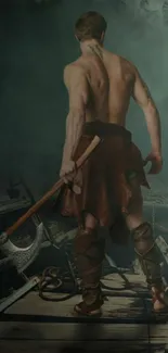 Epic warrior holding axe on a misty wooden bridge.