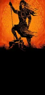 Epic warrior silhouette on vibrant orange background, mobile wallpaper art.