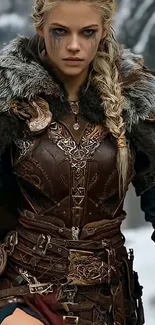 Epic warrior woman in intricate armor in snowy landscape.
