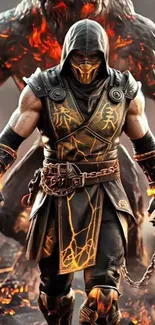 Epic warrior standing in fiery fantasy scene.