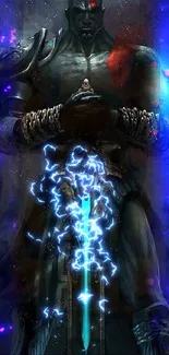 Epic warrior with glowing sword dark wallpaper.