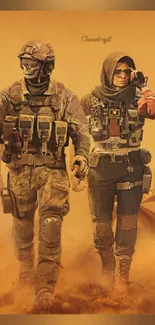 Two soldiers in tactical gear on a sand background wallpaper.