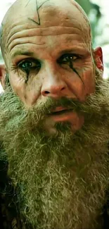 Epic warrior portrait with beard and face tattoos.