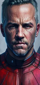 Intense warrior portrait with red armor and dramatic expression.