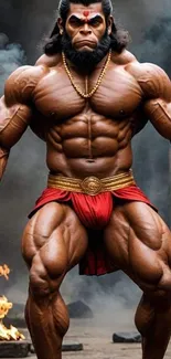 Fierce mythical warrior with a muscular build and a red loincloth.