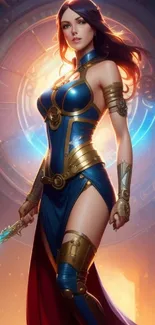 Epic warrior princess in golden armor, holding a sword in dynamic fantasy art.