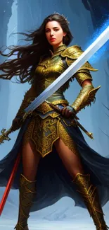 Warrior princess in golden armor with sword, fantasy wallpaper.