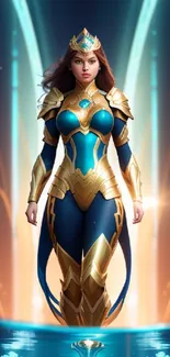 Fantasy warrior queen in blue and gold armor with glowing effects.