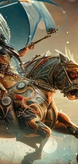 Epic fantasy warrior with wings rides a majestic, armored horse in a dynamic battle scene.