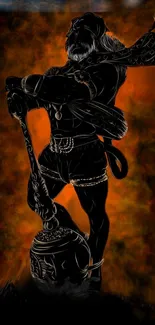 Epic warrior silhouette with fiery background in orange and black colors.