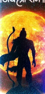 Warrior silhouette with bow against glowing orange sun.