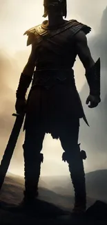 Silhouette of a dramatic warrior with sword against misty mountains.