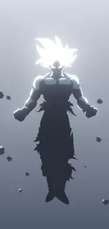 Silhouette of an epic warrior with bright energy aura floating among rocks.