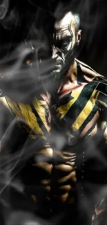 Muscular warrior in smoke with yellow and black body art wallpaper.