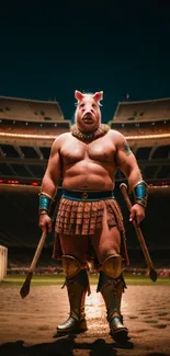 Warrior in stadium with pig mask, vivid wallpaper.