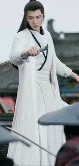 White-clad swordsman in historical standoff scene.