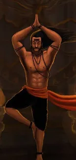 Warrior in yoga pose with flames, dark background.