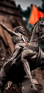 Detailed warrior statue on horseback with historical and artistic theme.