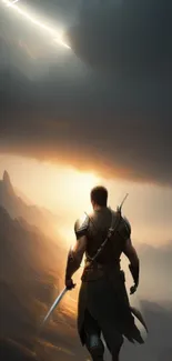 Epic warrior stands under a dramatic sunset sky in a mountainous landscape.