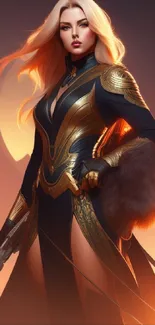 Blonde warrior in golden armor stands heroically in a sunset backdrop.