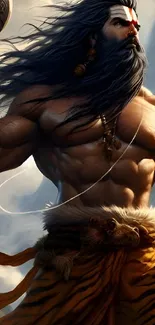 A majestic warrior with long hair and a tiger skin loincloth.