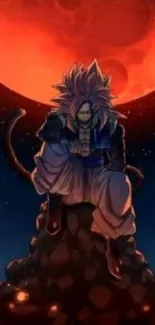 Epic anime warrior sits under a red moonlit sky.