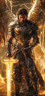 Epic warrior with angel wings and fiery sword in golden lightning.