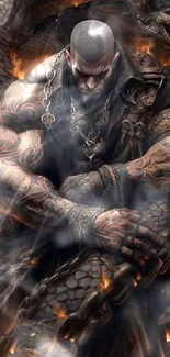 Warrior with dragon in chains amid fiery smoke scene.