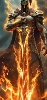 Mighty warrior with fiery sword in epic stance.