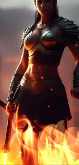 Warrior woman with a glowing sword in a fiery scene.