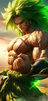 Anime warrior with glowing green aura against a vibrant sky.