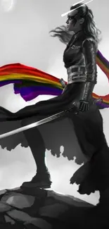 A warrior stands with a rainbow scarf against a grayscale backdrop.