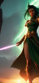 Epic warrior with glowing sword in cosmic setting.