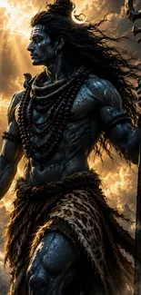 Epic warrior with trident in dramatic clouds, mythical scene.