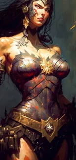 Fierce female warrior in bronze armor, holding a shield with fiery background.