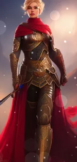 Female warrior in armor with red cape.