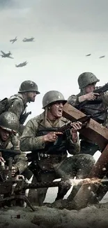 Epic WW2 battle scene with soldiers and aircraft.