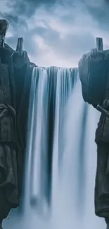 Two colossal statues facing a waterfall under a dark sky.