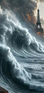 Epic waves crashing near Eiffel Tower in dramatic artwork.