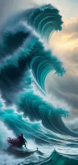 Lone surfer rides a massive teal wave in dramatic ocean scene.