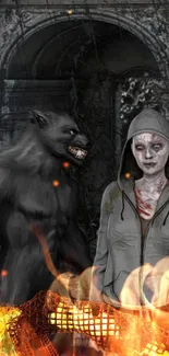 Werewolf and mysterious figure in a fiery dark setting.