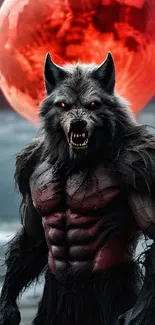 Vivid werewolf image against a red moon, creating a captivating fantasy scene.