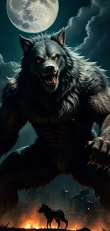 Majestic werewolf under moonlit sky, showcasing a dramatic fantasy scene.