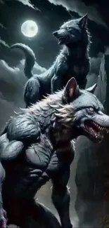 Dynamic werewolves under a full moon in a fantasy setting.