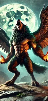 Werewolf with wings against a full moon.