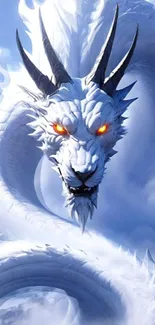 Majestic white dragon with glowing eyes.