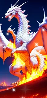 Majestic white dragon with fiery wings in a fantasy setting.