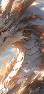 Majestic white dragon illuminated by sunlight in a fantasy scene wallpaper.